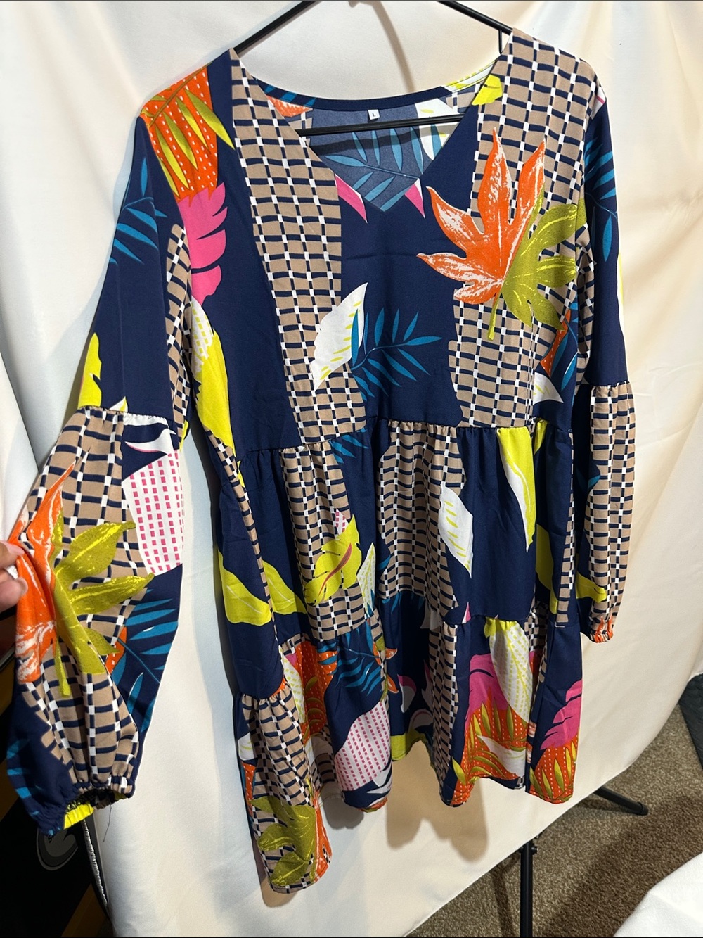 Women’s Navy Floral Patchwork Tiered Dress